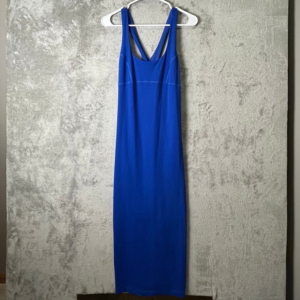 SWEATY BETTY‎ Emily Strappy Back Rib Dress Blue Size 8 Square Neck Cross Back